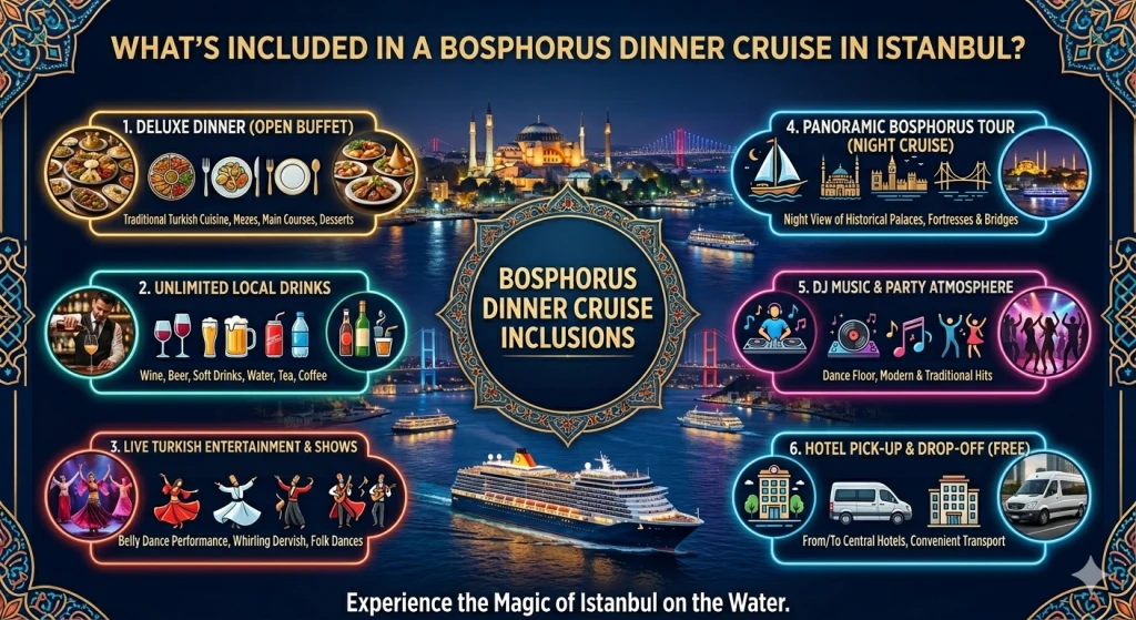 Was ist in einer Bosporus-Dinner-Kreuzfahrt in Istanbul enthalten?