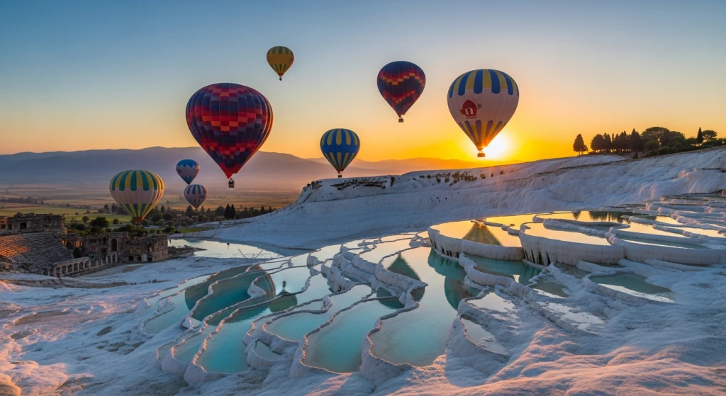 Tour in pallone all'alba di Pamukkale: Planare sopra le piscine di cotone e le rovine