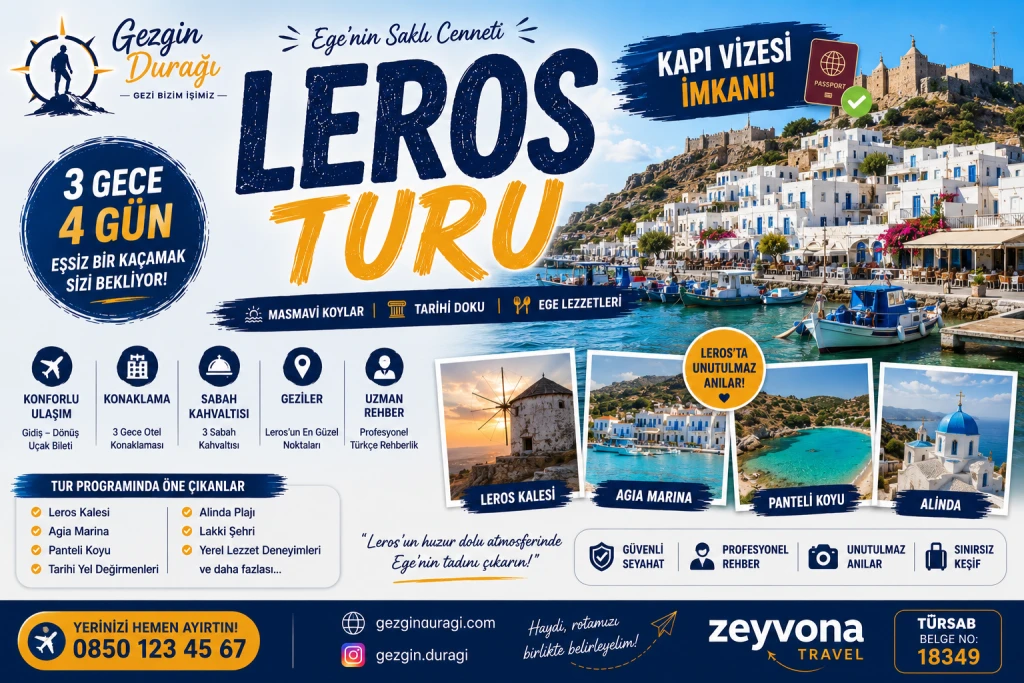 Leros Adası Turu 3 Gece 4 Gün | Kapı Vizeli Yunan Adaları Tatili