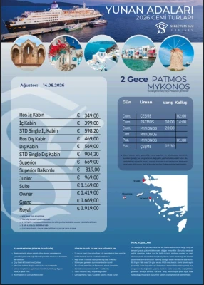 Yunan Adaları Gemi Turu | Patmos & Mykonos | 14 Ağustos 2026 | 2 Gece
