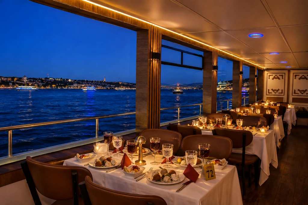Golden Horn Departing Bosphorus Dinner Cruise | Private Tables | Standard Menu Unlimited Soft Drinks | Window Side Options